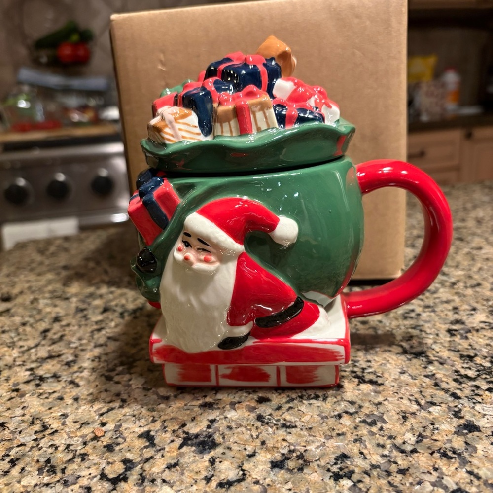 New in Box- West Elm Festive Santa Mug with Gifts - Red and Green